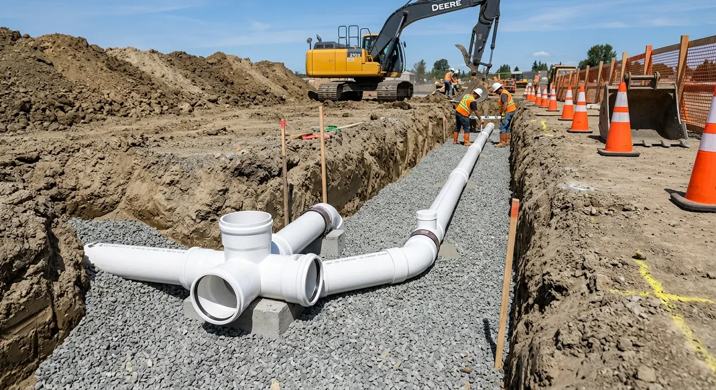 New PVC sewer pipe installation in open trench for Commercial Drain Cleaning in Hyrum
