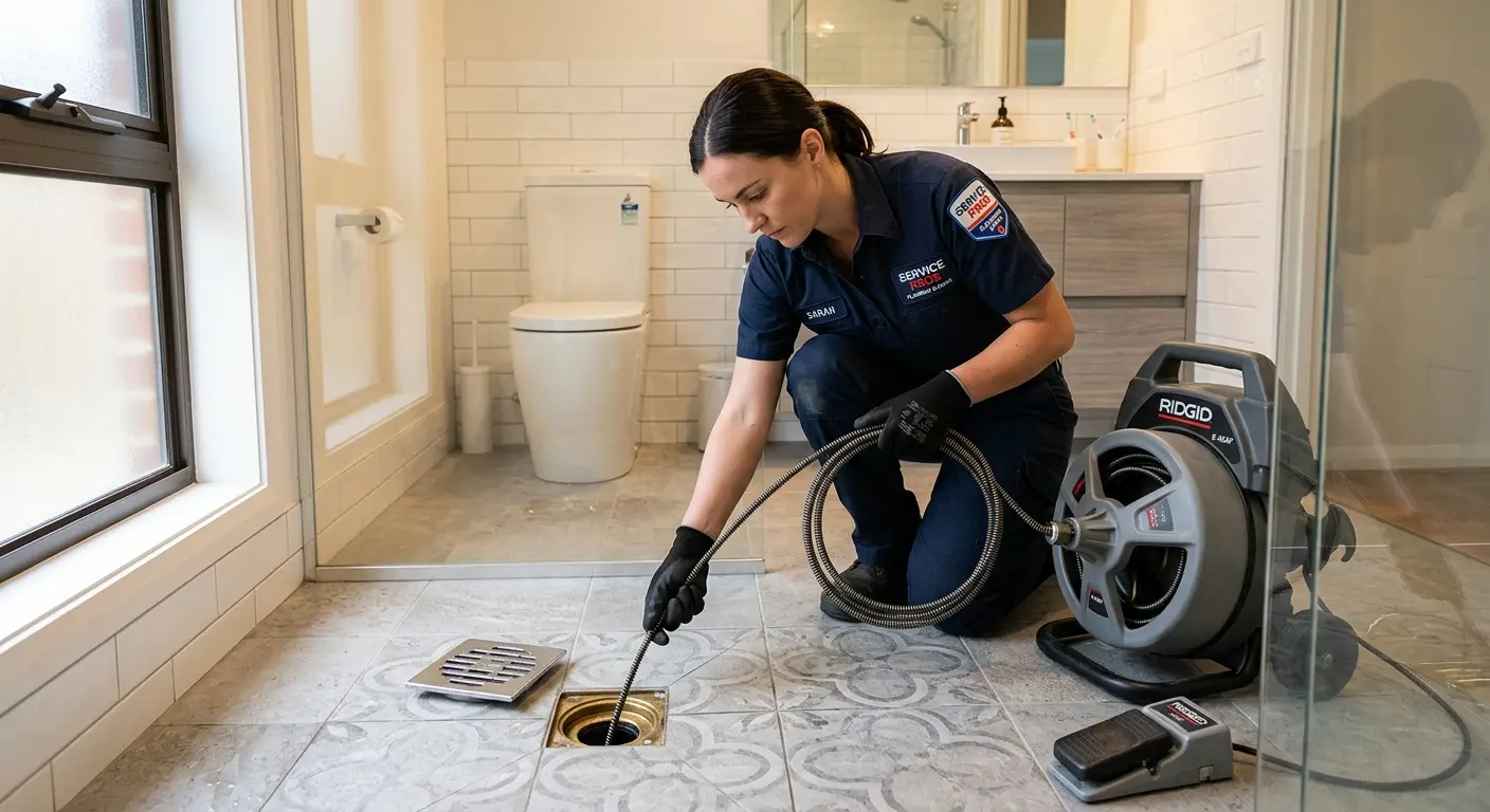 Technician clearing a bathroom floor drain for Sewer Line Replacement in Hyrum